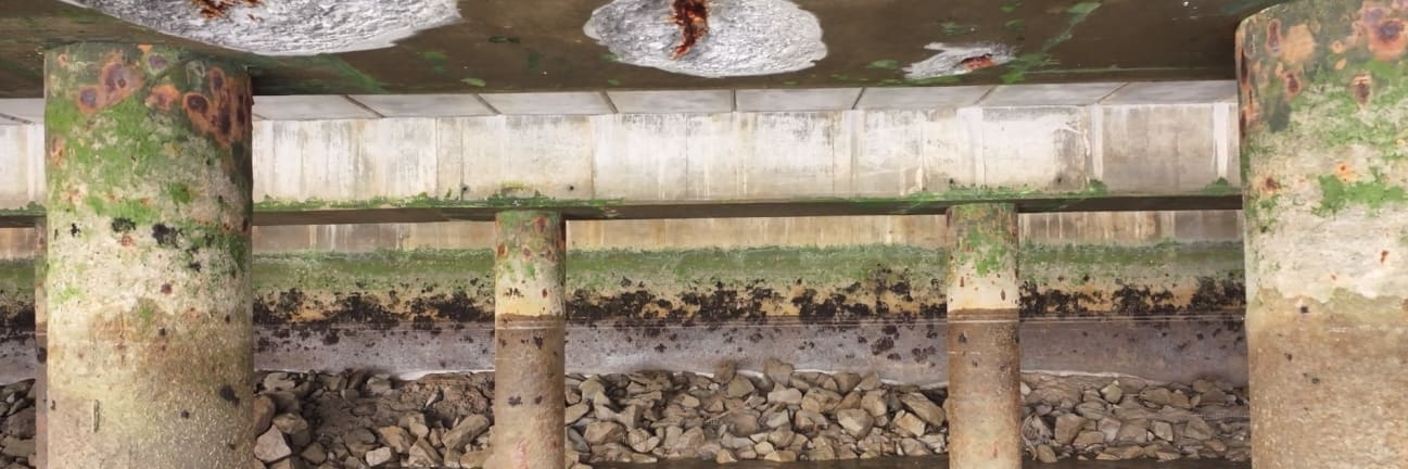 Underside of pier at Belview Port showing concrete defects with exposed reinforcement