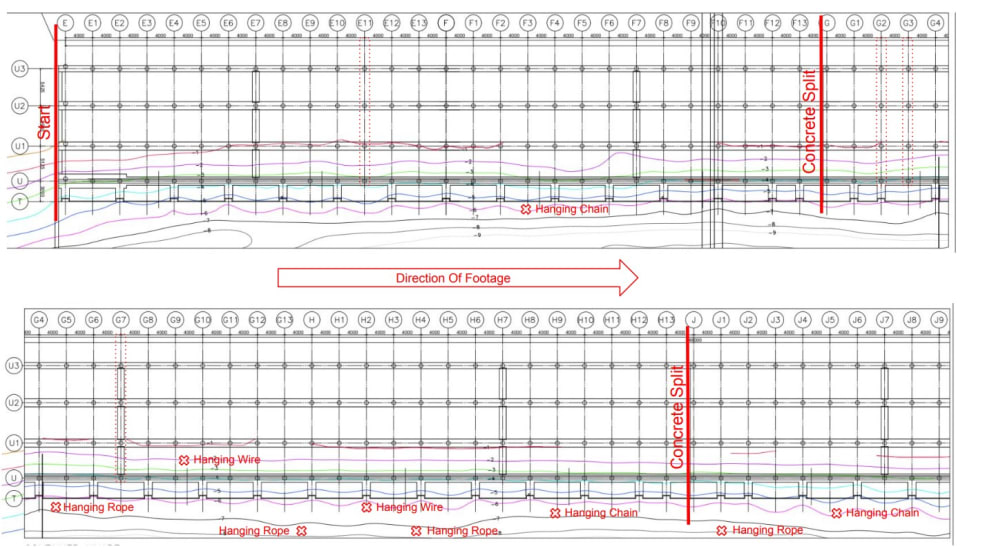 Technical drawings showing the pier structure with stations, pile positions, and direction of footage for the inspection