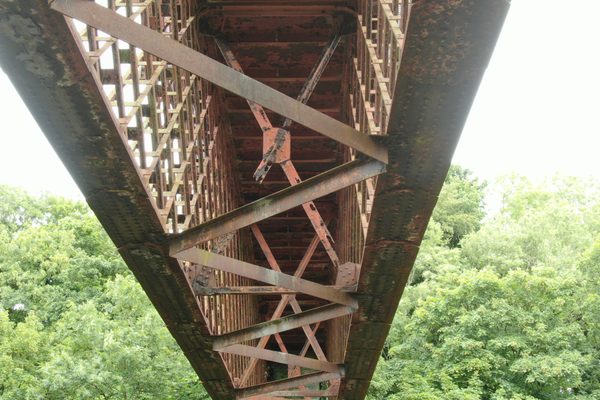 The steel lattice work of an old riveted bridge