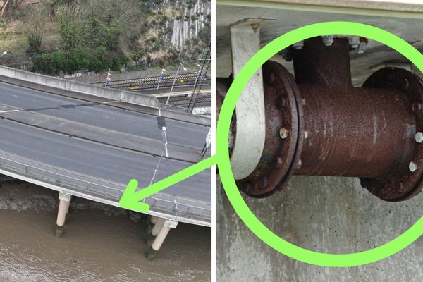 Bridge structural elements highlighted on drone inspection imagery