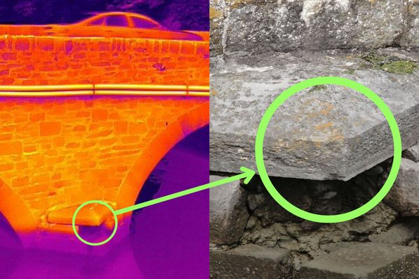 Thermal image of a bridge deck with delamination defects highlighted