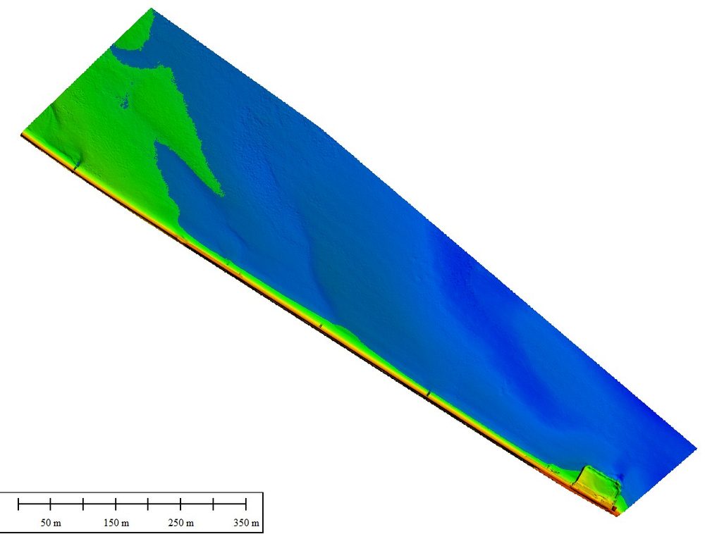 Colourised survey surface of the mapped intertidal area with a scale bar marked from fifty to three hundred and fifty metres