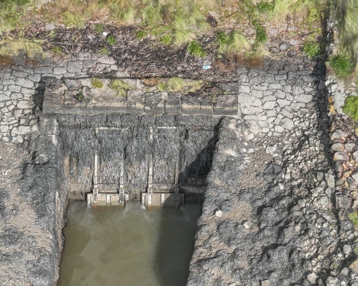 Aerial view of the tidal river embankment along the River Barrow in County Wexford