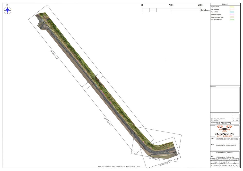 Top-down plan view of the full surveyed embankment showing the orthophoto sheet layout