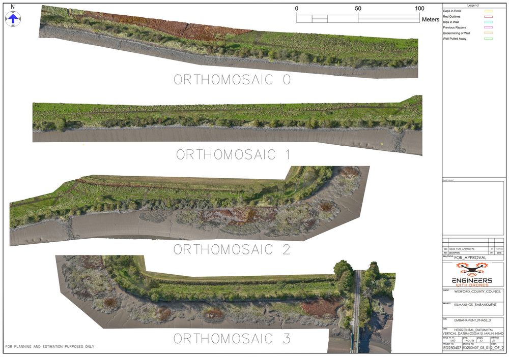 Scaled orthomosaic sheets of the embankment face with defect areas outlined