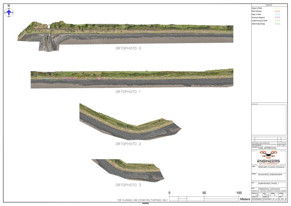 Orthophoto sheets of the embankment with the defect overlay and legend