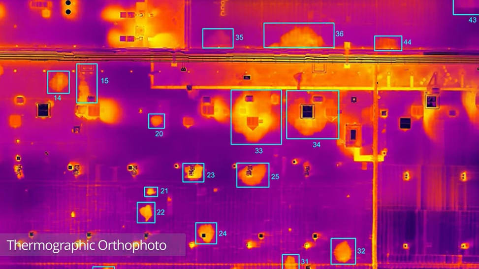 Super close-up thermographic orthophoto showing inkblot heat patterns indicating subsurface water damage