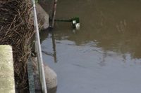 Close-up view of the staff gauge showing the water level reading at 17:00