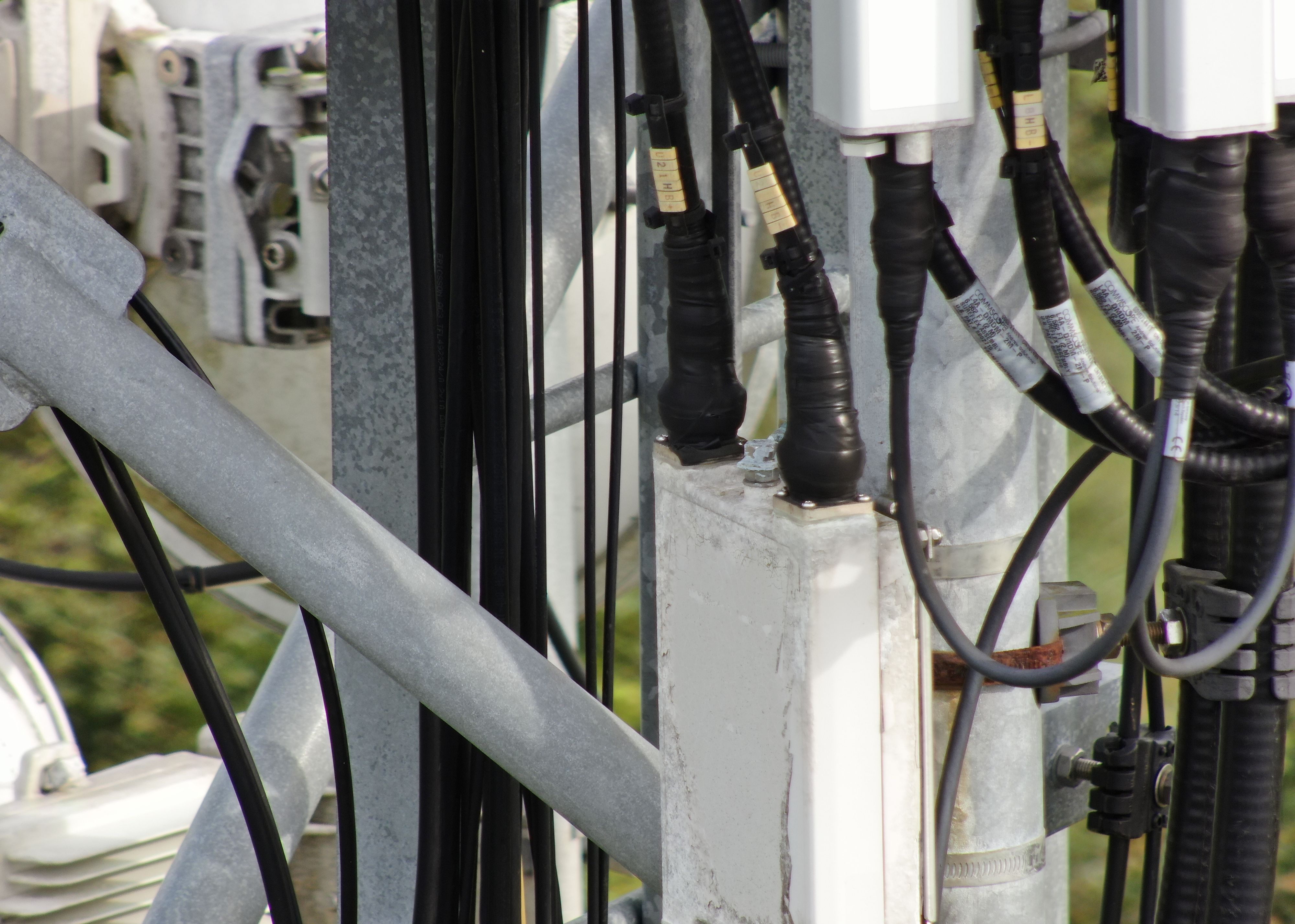Detailed photo of a mobile phone mast antenna wiring