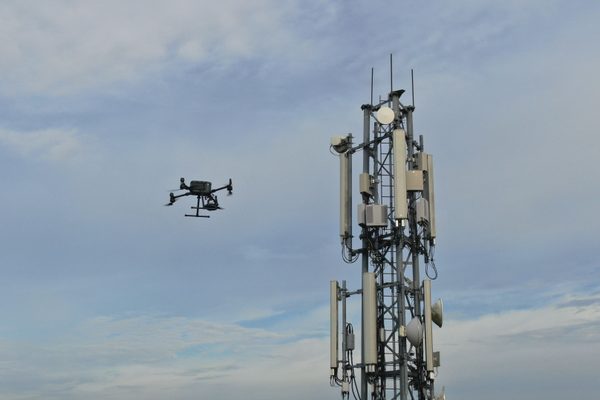 A photo of a cell phone tower taken with a drone