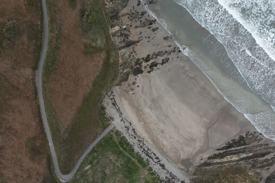 Another image straight from the drone of a beach coastal area surrounded by low lying rocky cliffs. If you look closely you can make out the two black and white GCP's located either end of the beach in the tidal zone close to the high time line.