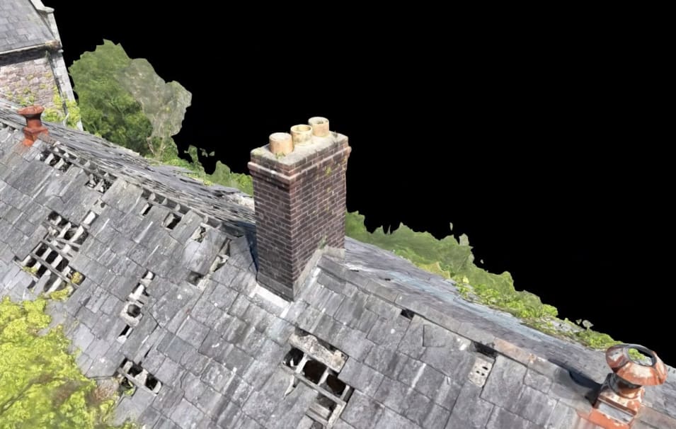 Drone footage showing collapsed roof section