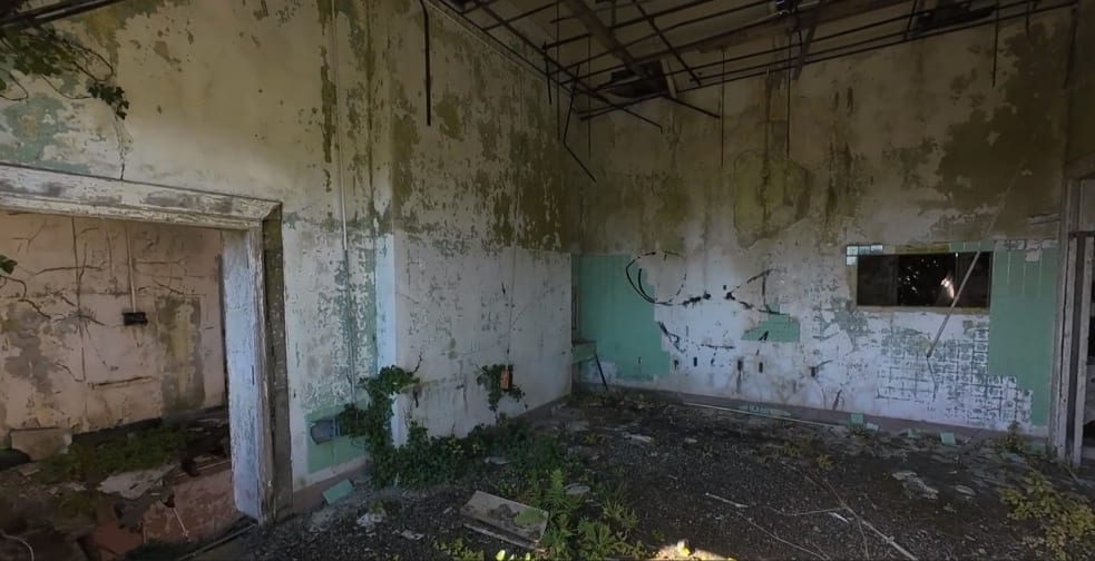 Interior drone footage showing old ward structure