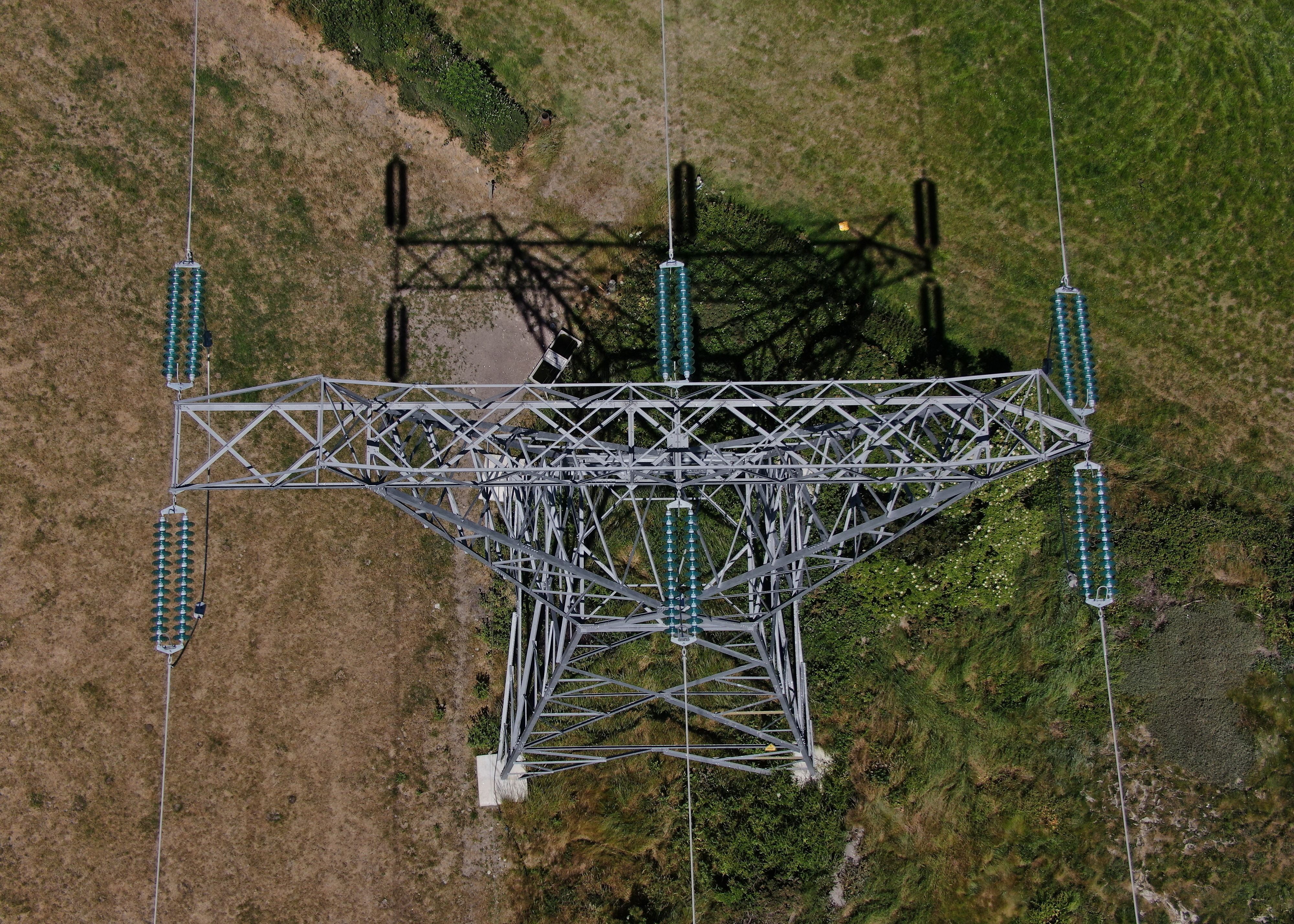 An electrical pylon as seen from overhead
