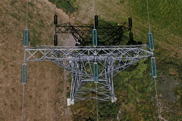 An electrical pylon as seen from overhead