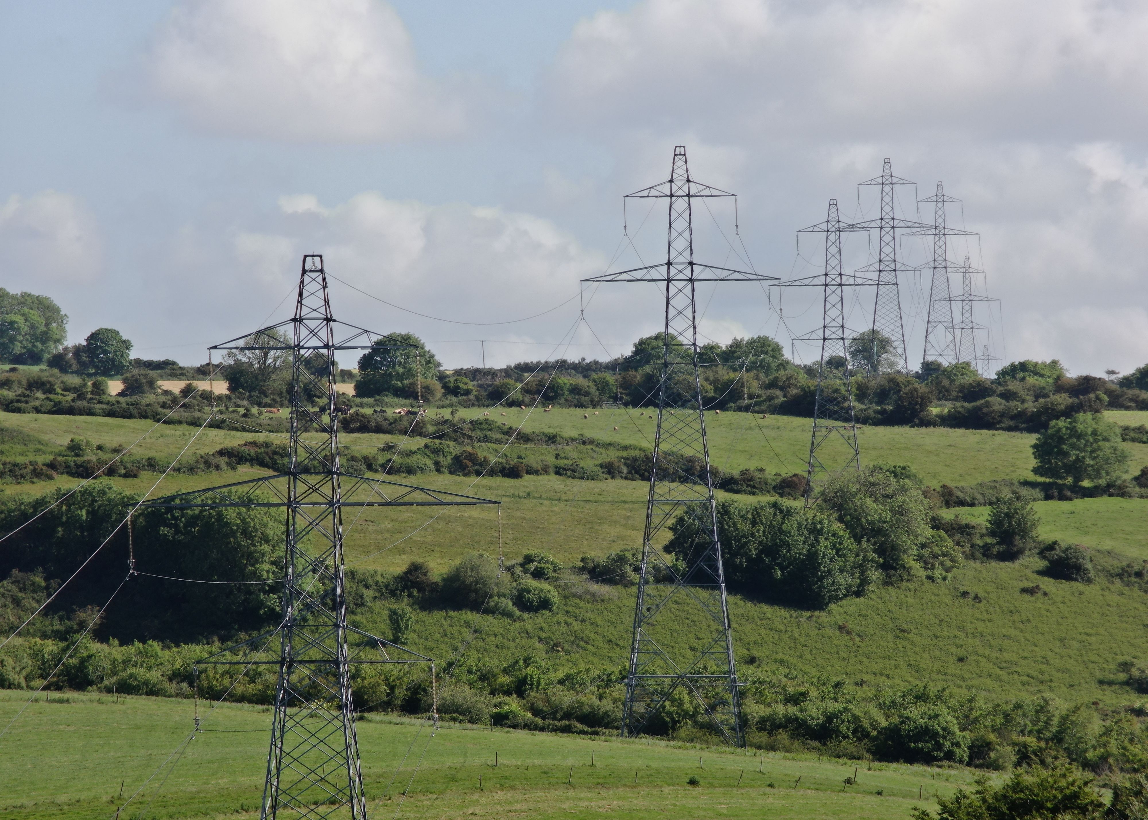 A row of electrical pylons being inspected by a drone