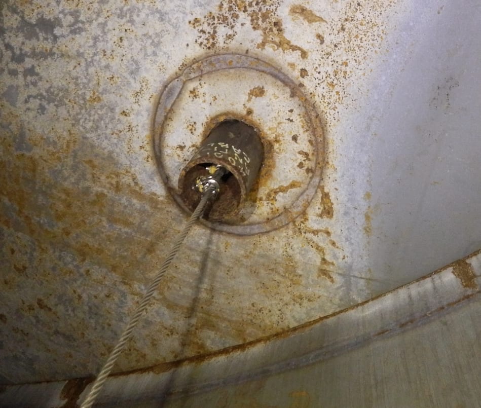 One of the anti-rotation wire attachment points in the roof used to keep the internal floating roof orientated correctly.