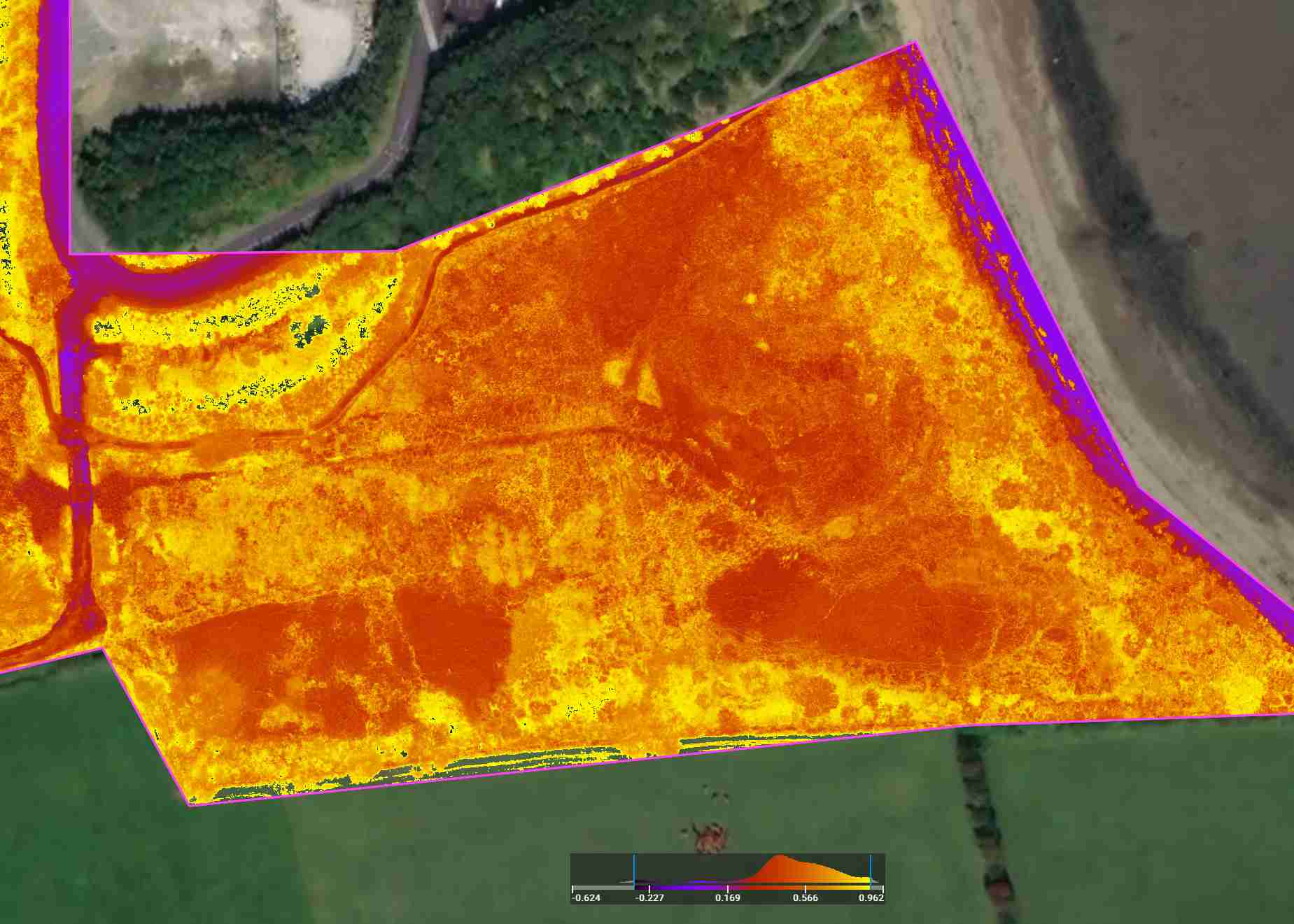 A multispectral map of land and a water feature using the NDVI index