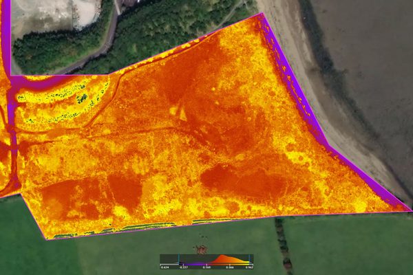 A multispectral NDVI index map of land and a water feature