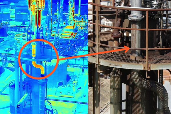 Side-by-side thermal and visual comparison of a flare stack — the thermal image reveals a hot spot invisible in the standard optical image