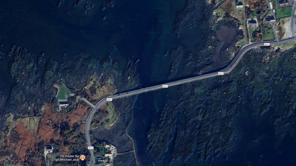 Aerial view showing causeway through tidal area