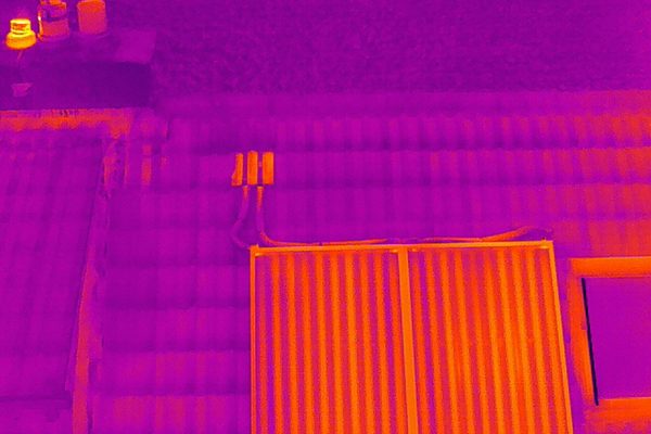 A thermal image of solar panels on a roof
