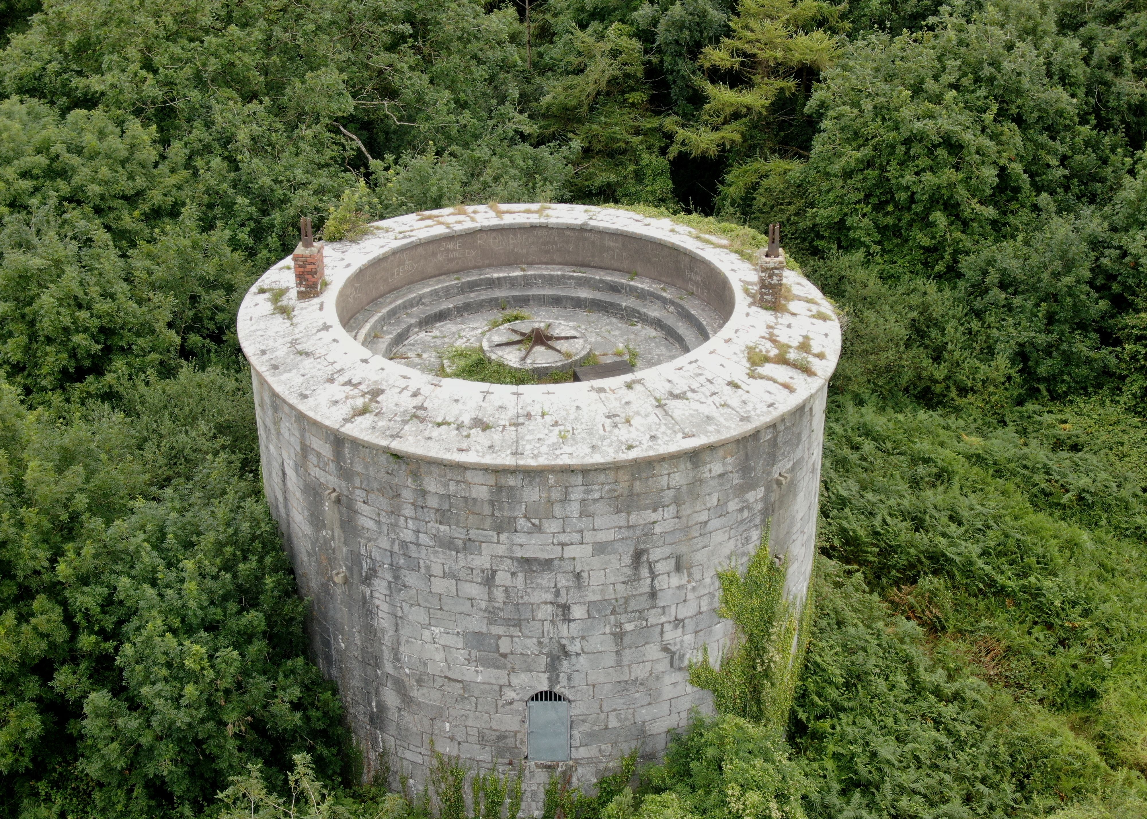 An aerial picture of an old round martello tower