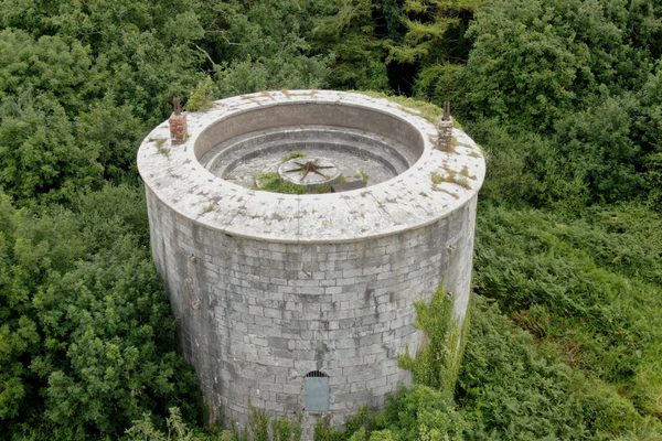 An aerial picture of an old round martello tower