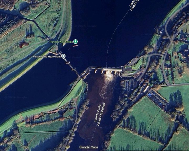 Aerial view of Parteen Weir and the head race canal