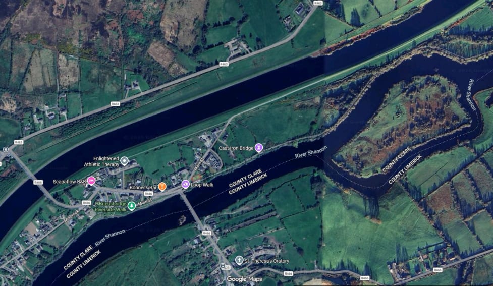 Aerial view showing the original Shannon River channel and the man-made head race canal