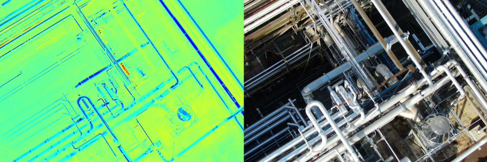 Combined thermal and RGB image of pharmaceutical plant pipe racks being inspected