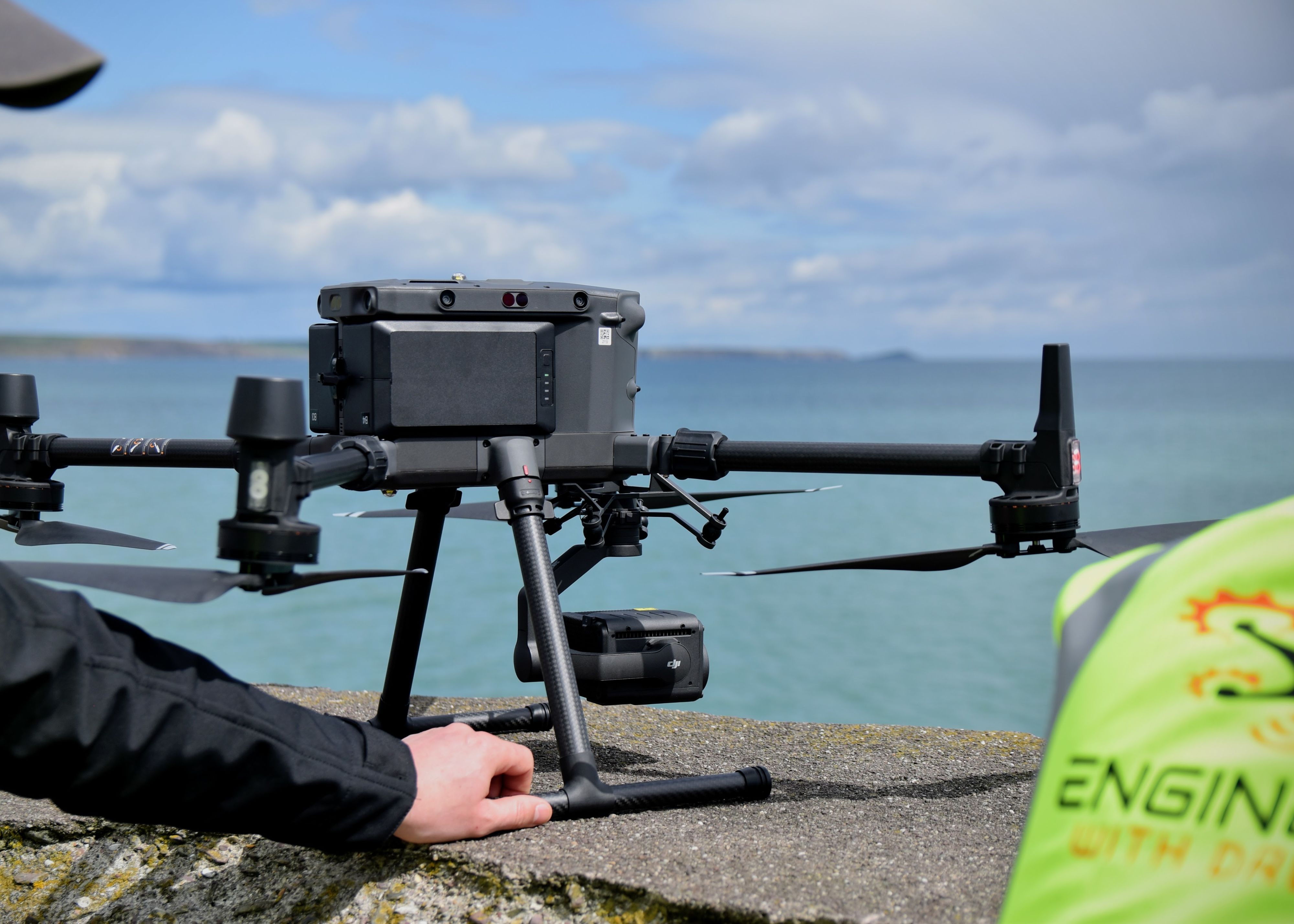 A drone landed on some coastal infrastructure