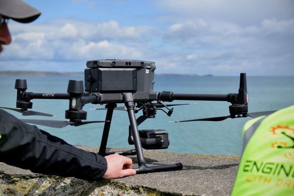 A drone landed on some coastal infrastructure