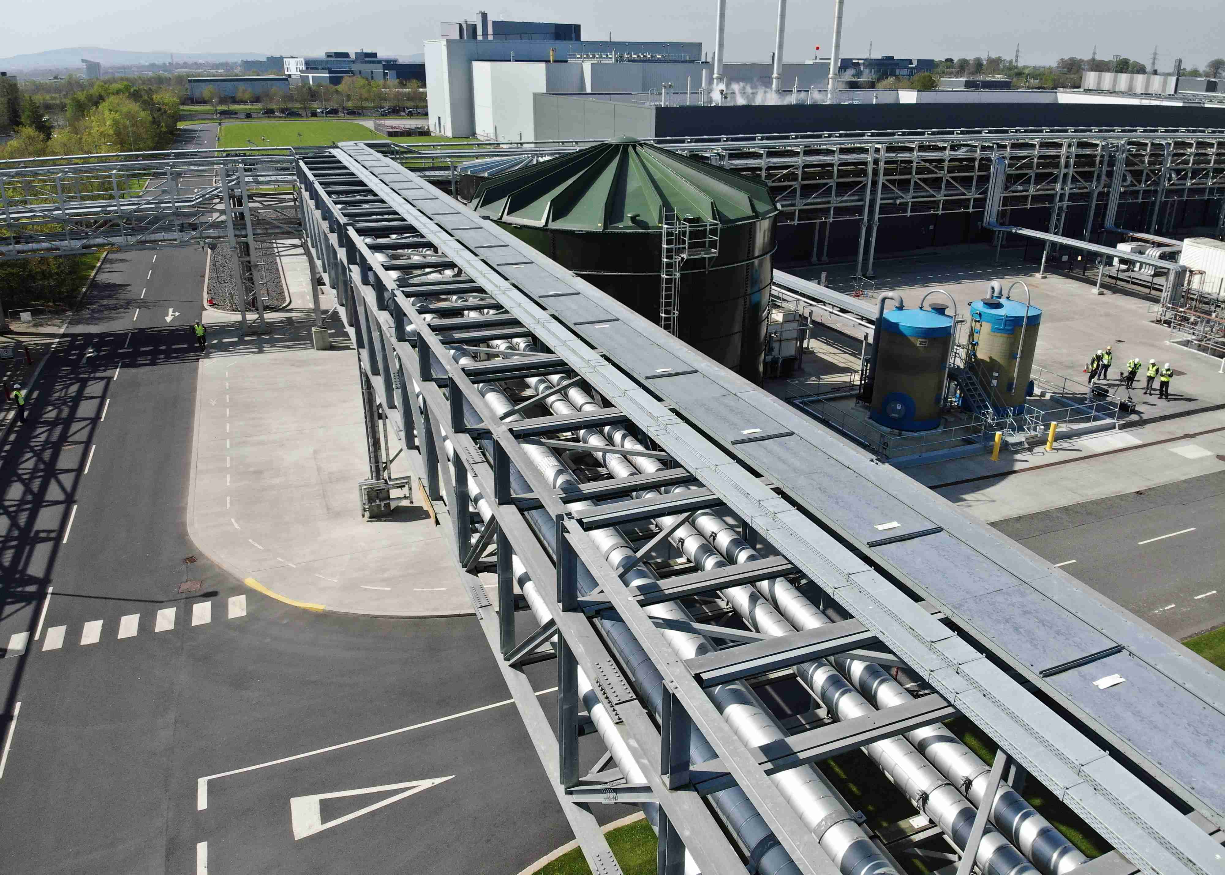 An aerial image of two pipe racks in an industrial facility