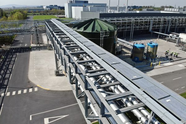 An aerial image of two pipe racks in an industrial facility
