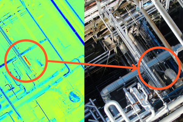 Side-by-side thermal and visual comparison of a pipe rack — the thermal image on the left reveals a hot spot invisible in the standard optical image on the right