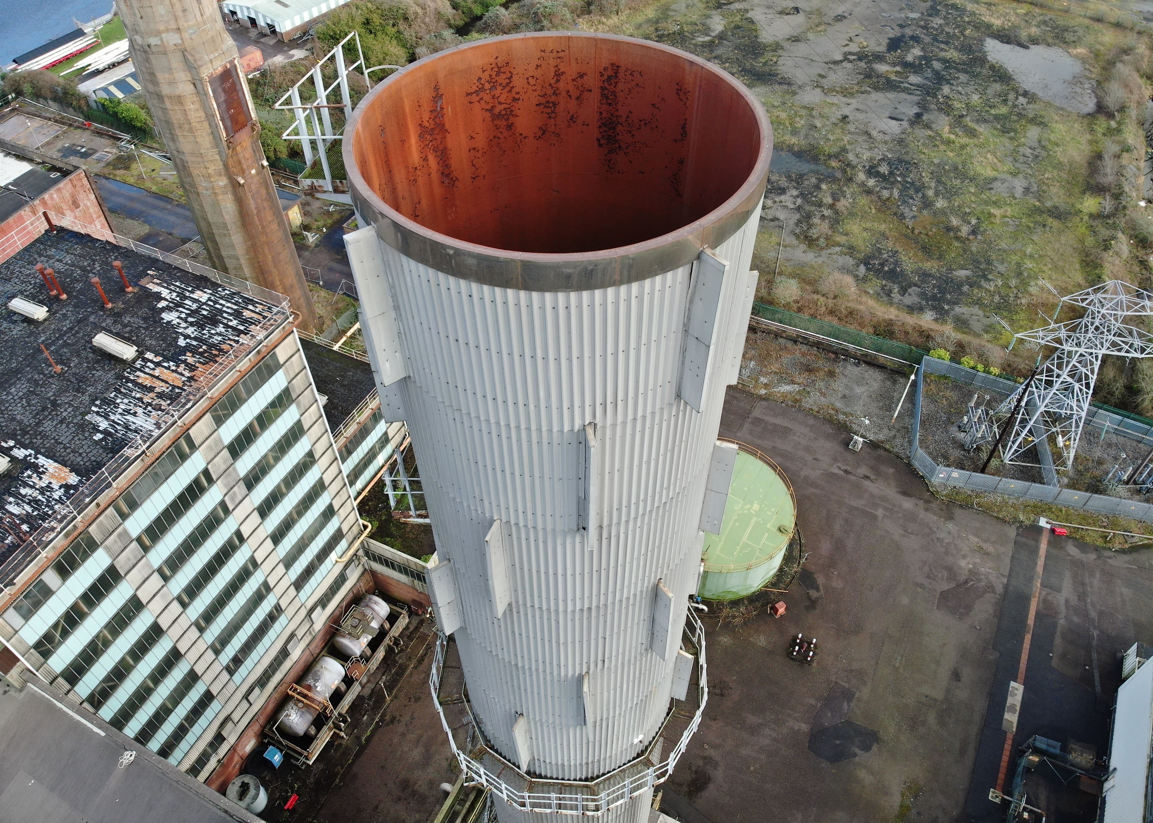 A power station stack as seen by a drone