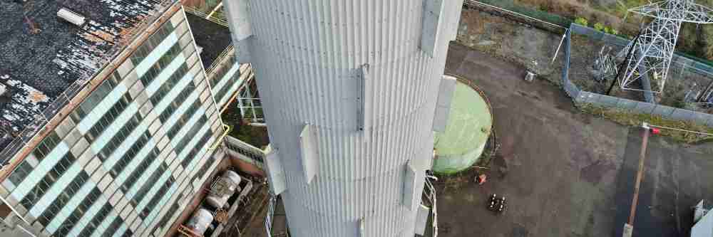 A power station stack as seen on a drone inspections mission