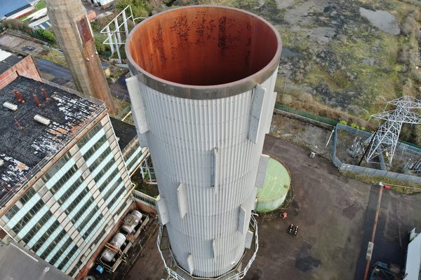 A power station stack as seen by a drone