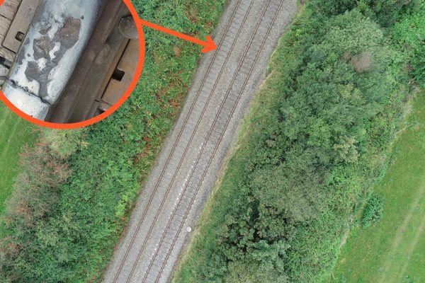 Railway infrastructure defects highlighted on drone inspection imagery