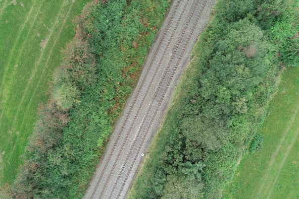 An image of land being surveyed by a drone