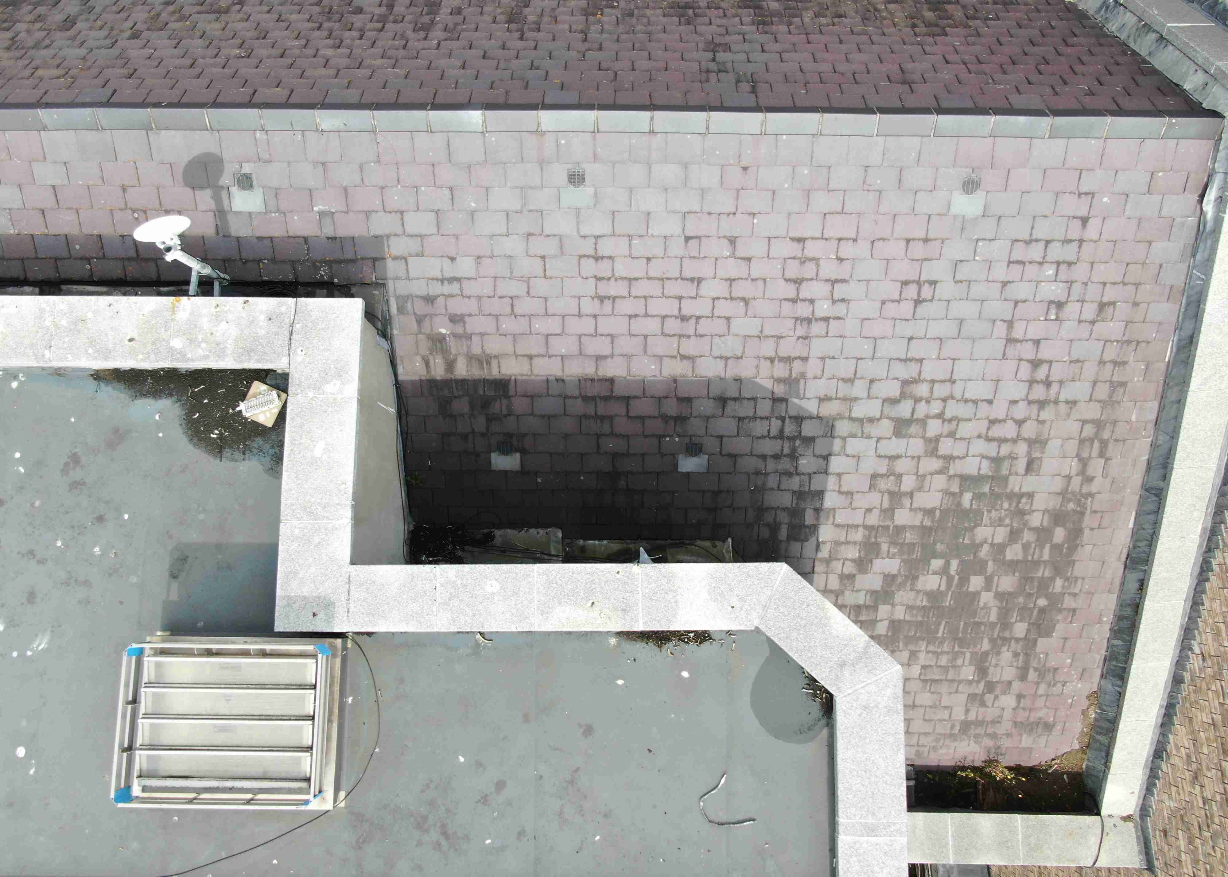 A roof of a building under inspection