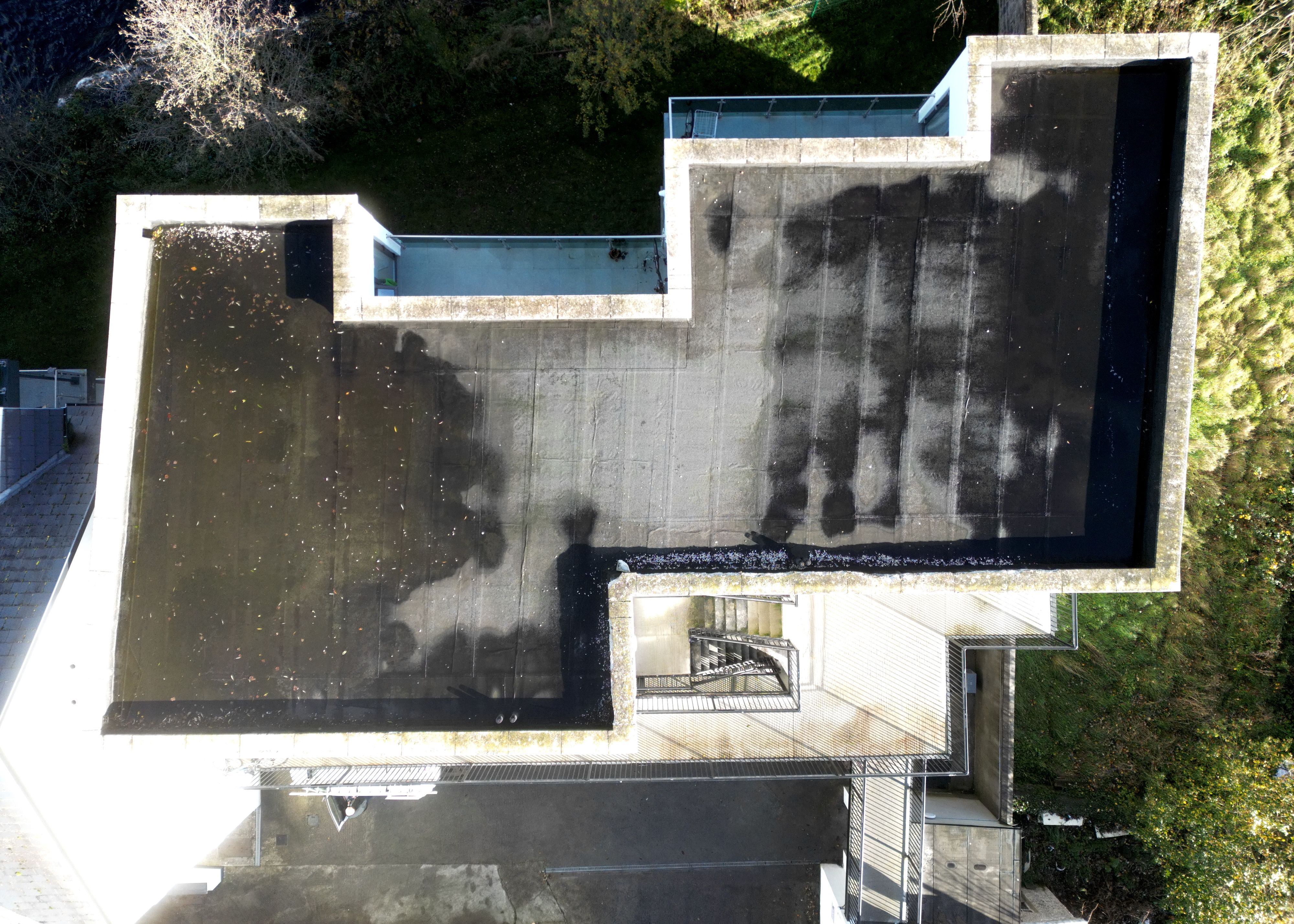 An overhead view of a flat roof