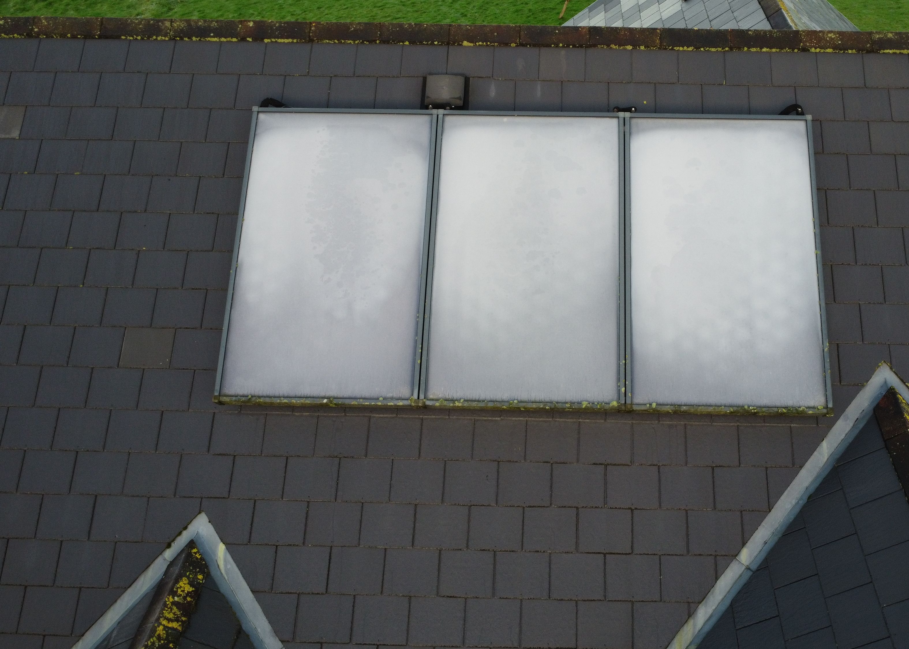 A water heating solar array on a roof