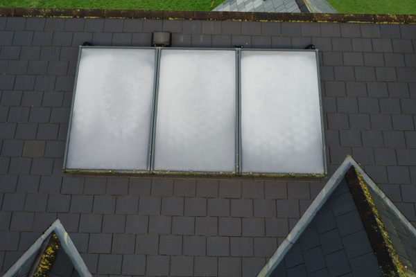 A water heating solar array on a roof