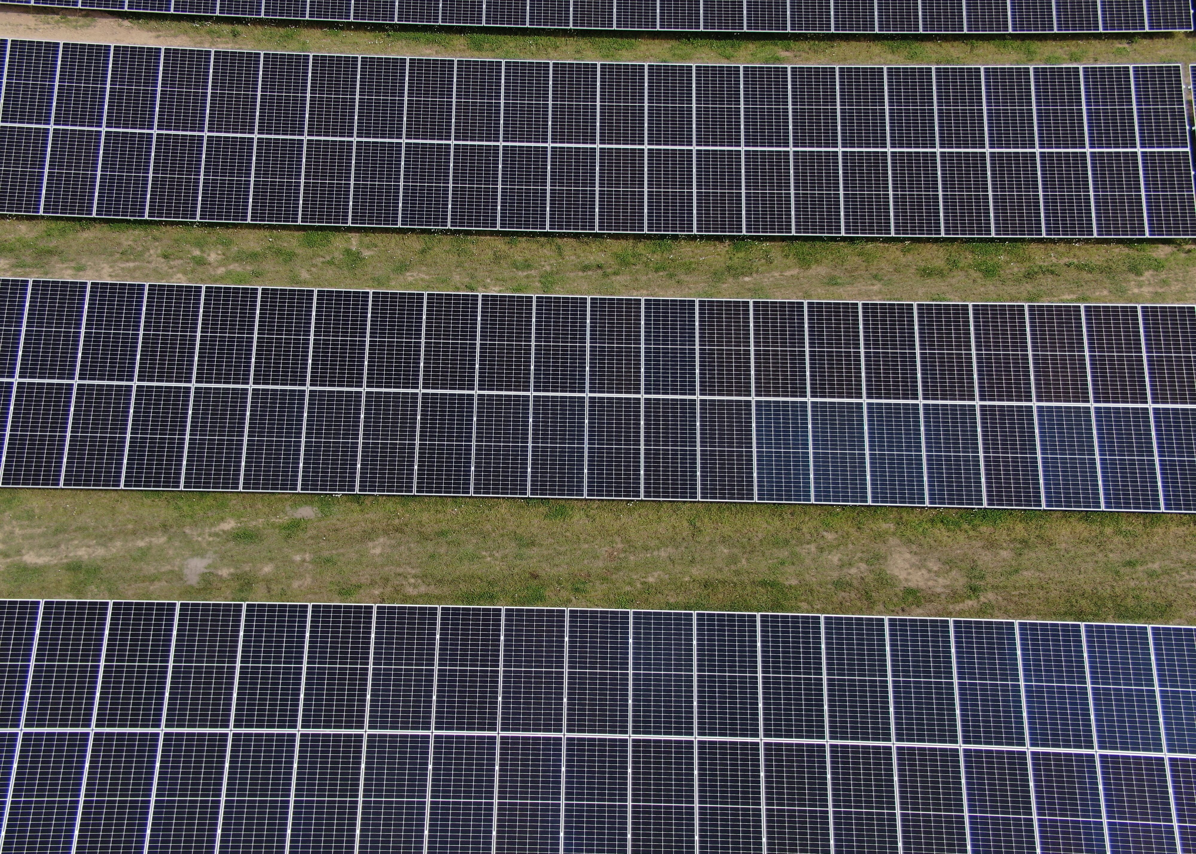 A row of solar panels on a solar farm as seen from overhead