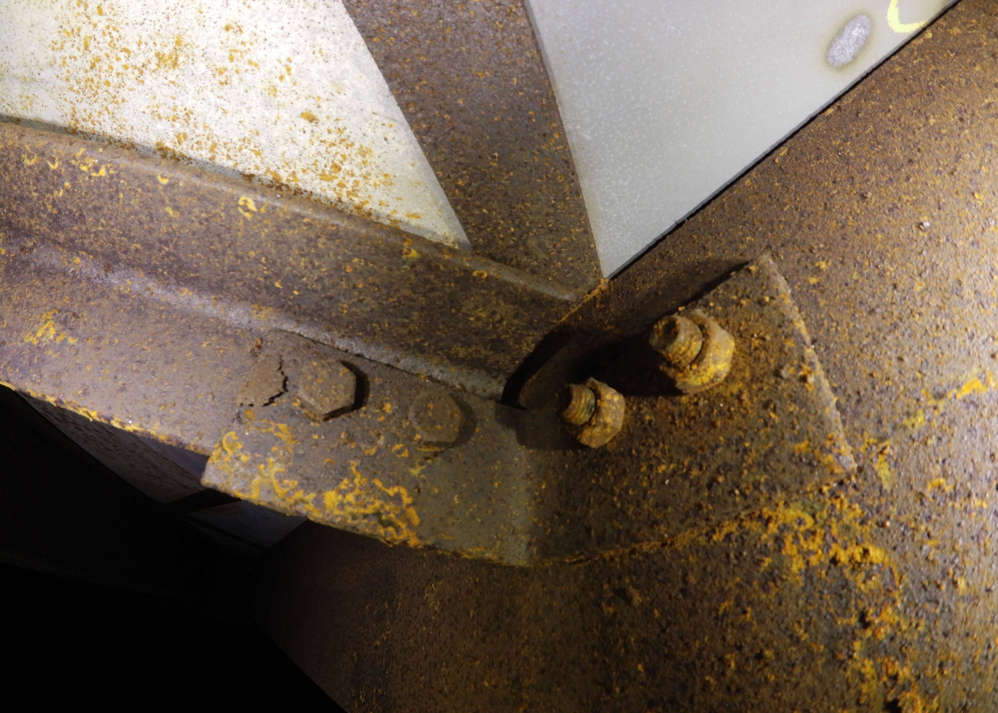 Structural steel bolted connection being inspected